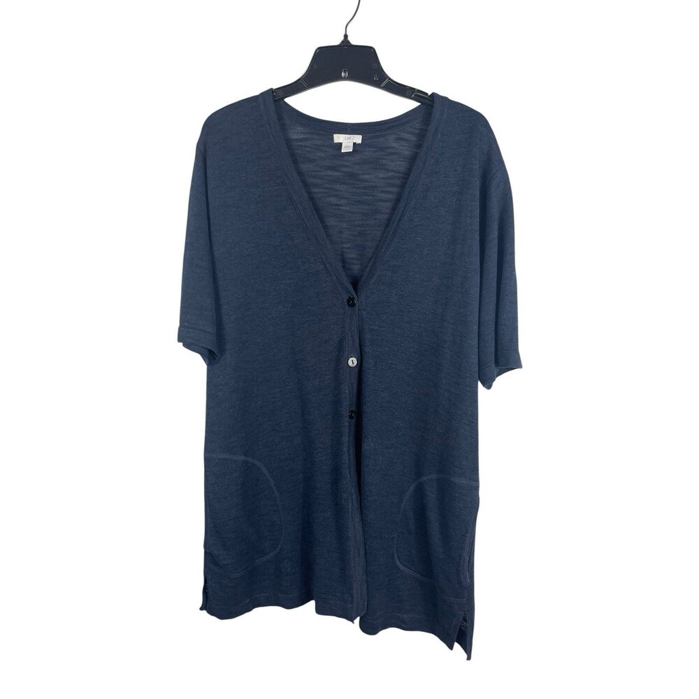 J Jill Women Blue Linen Blend Open Knit Cardigan Sweater Minimalist L Summer